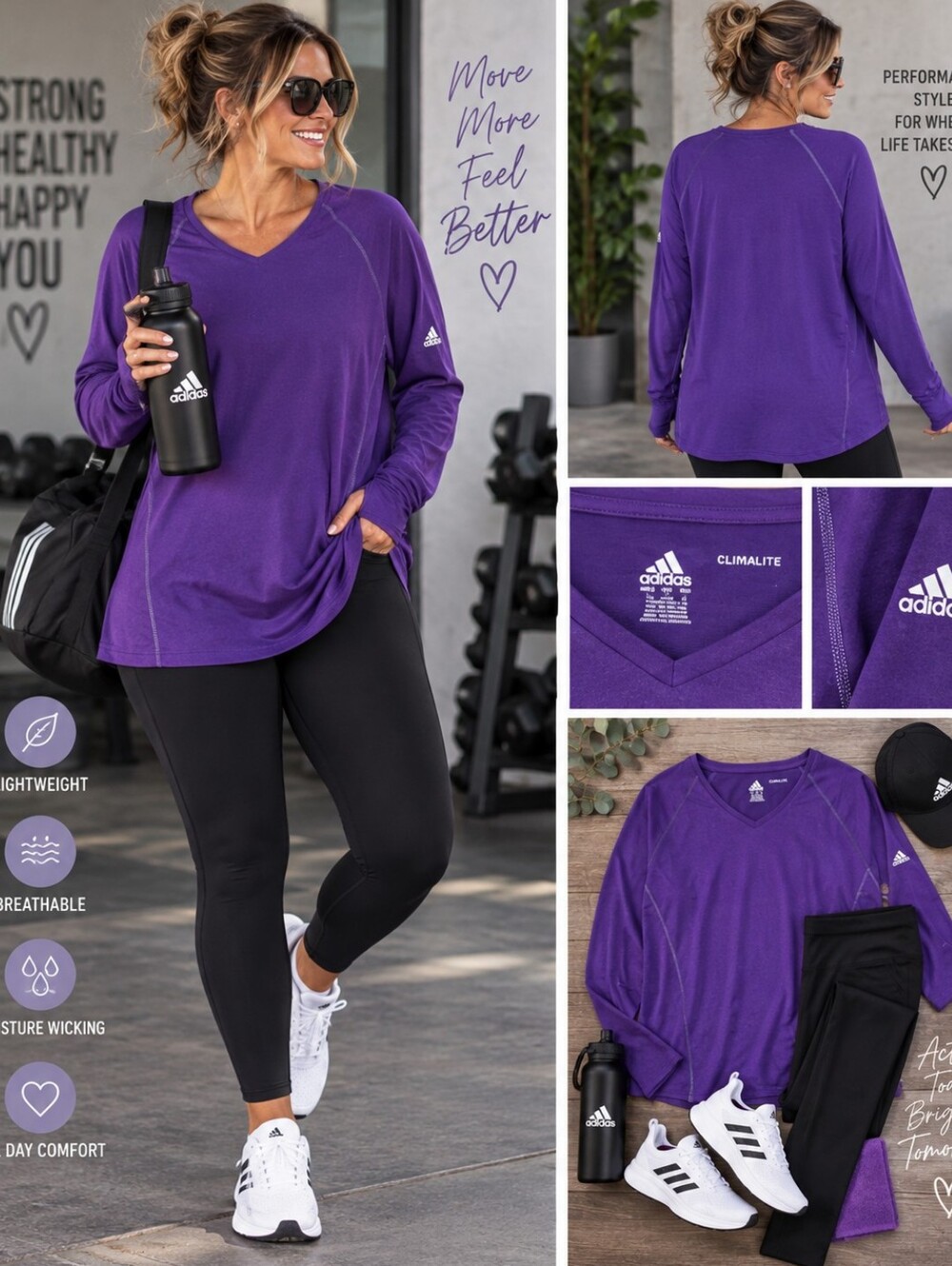 Adidas Climalite Purple Long Sleeve V-Neck Activewear Top XL